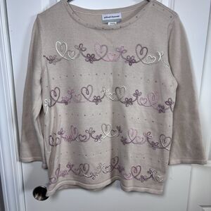 Alfred Dunner Telluride Embellished Hearts Sweater Women's Petite Medium Beige